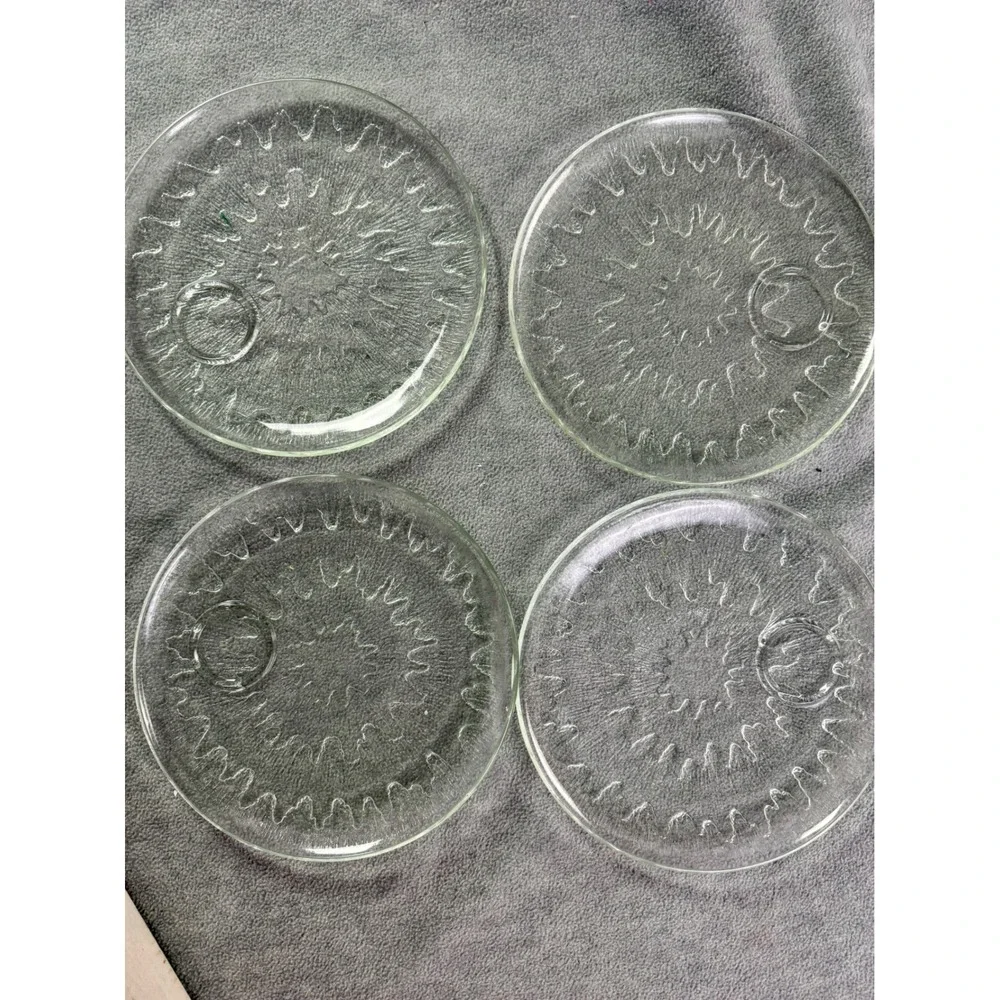 Vintage Sunburst Snack Set Sparkling Crystal Glass 4 Plates 4‎ Cups Original Box